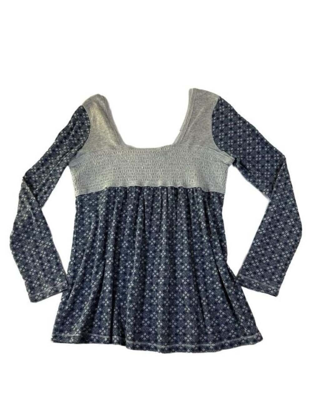 No Boundaries Women's Floral Print Long Sleeve Babydoll Top Gray Blue XL